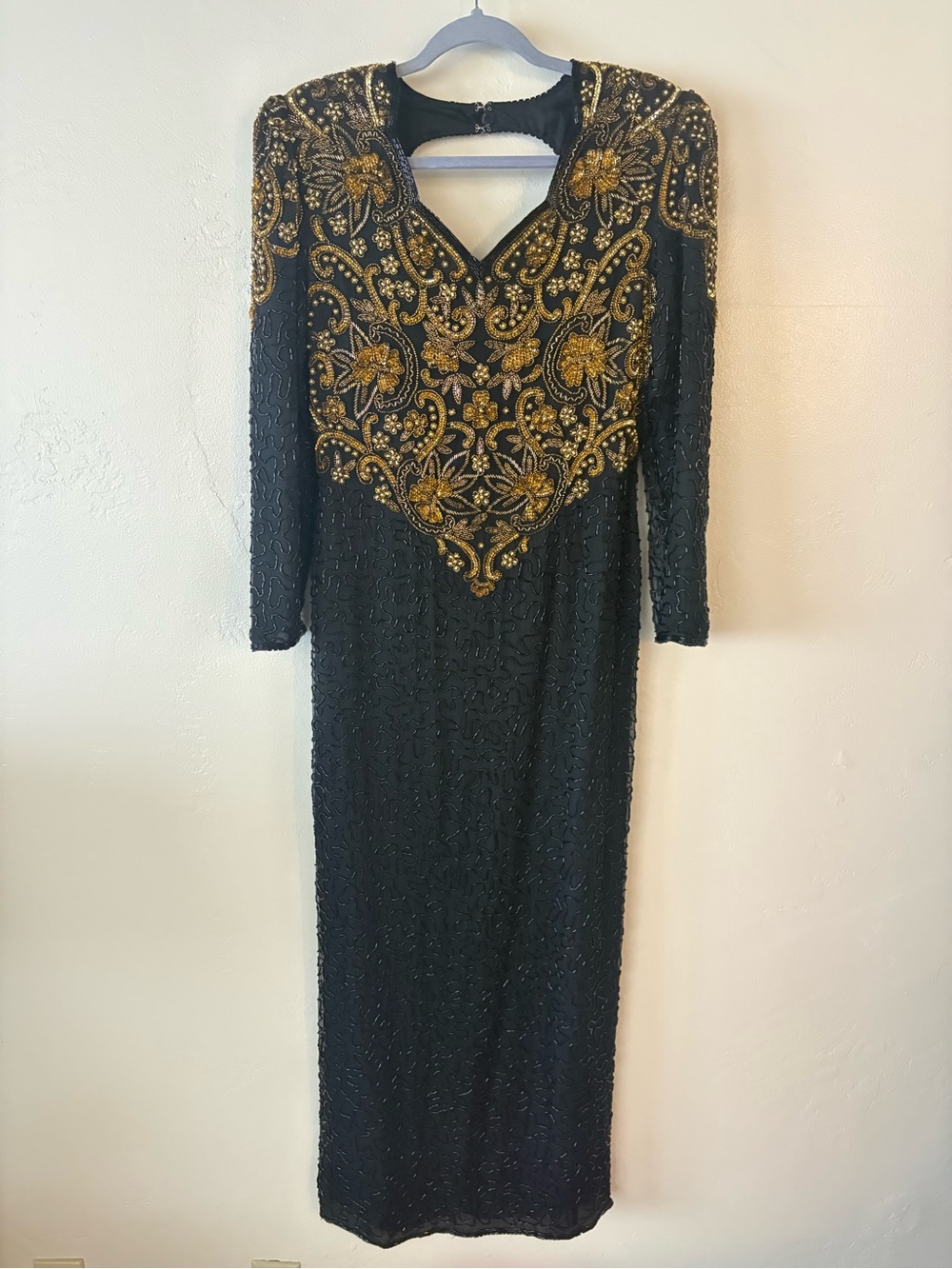 Scala Silk Dress Black Gold Embroidered Long Maxi Long Sleeve Size M